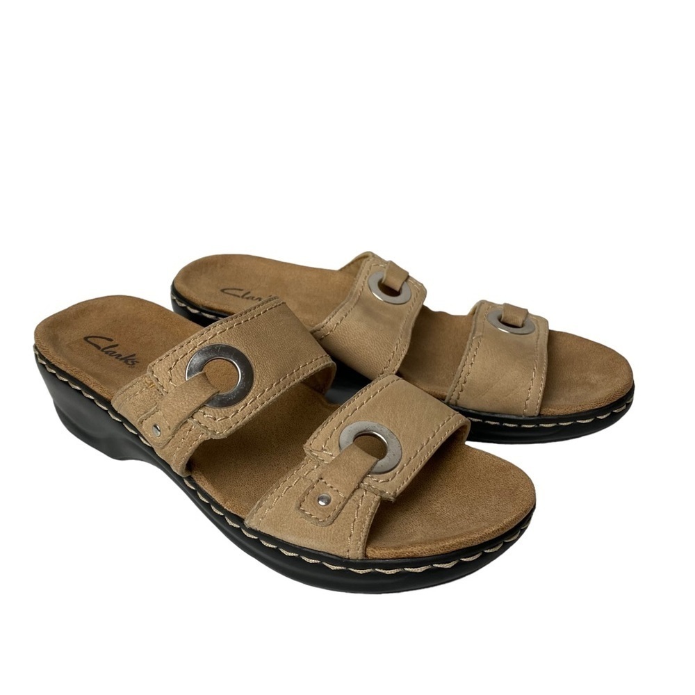 Clarks Beige Tan Double-Strap Slide Sandals with Metal Ring Accents